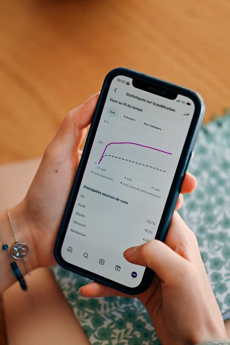 Person using smartphone to view social media analytics.