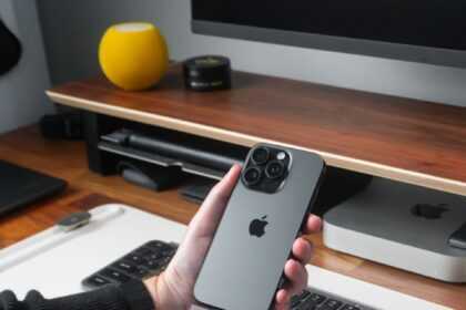 Person attaching accessory to iPhone on desk.