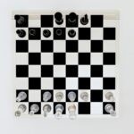 a black and white checkered board with buttons on it