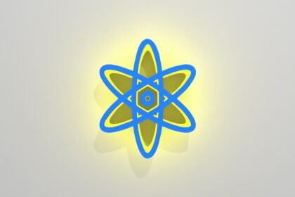 a yellow and blue logo on a white background