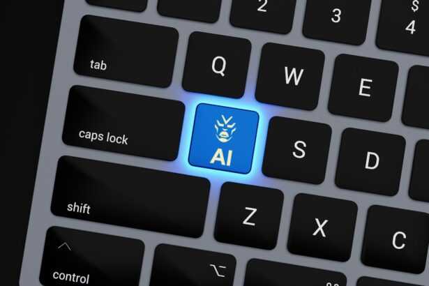 a computer keyboard with a blue light on it