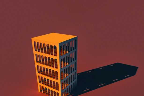 a tall yellow building sitting on top of a red floor