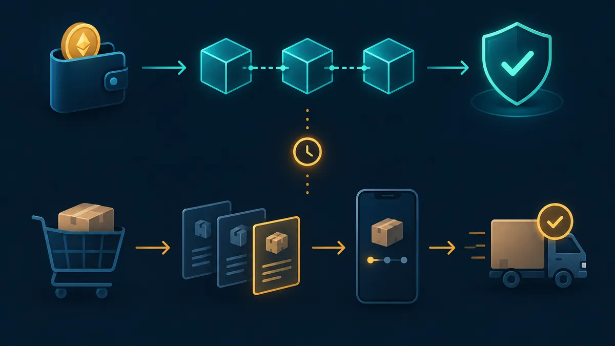 Separate blockchain payment and mobile service delivery workflows with a pending fulfillment stage
