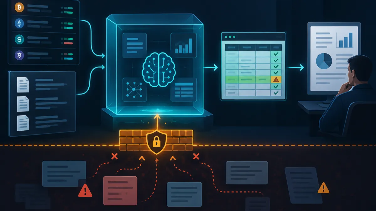 Diagram showing untrusted crypto transaction notes separated from AI instructions and checked against a reporting baseline.