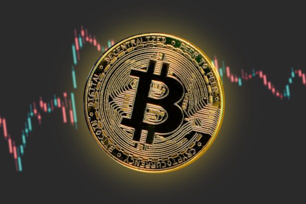 a bitcoin is shown in front of a stock chart